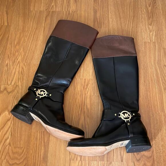 Michael Kors‎ Fulton Leather Black & Mocha Riding Boots Size 7.5